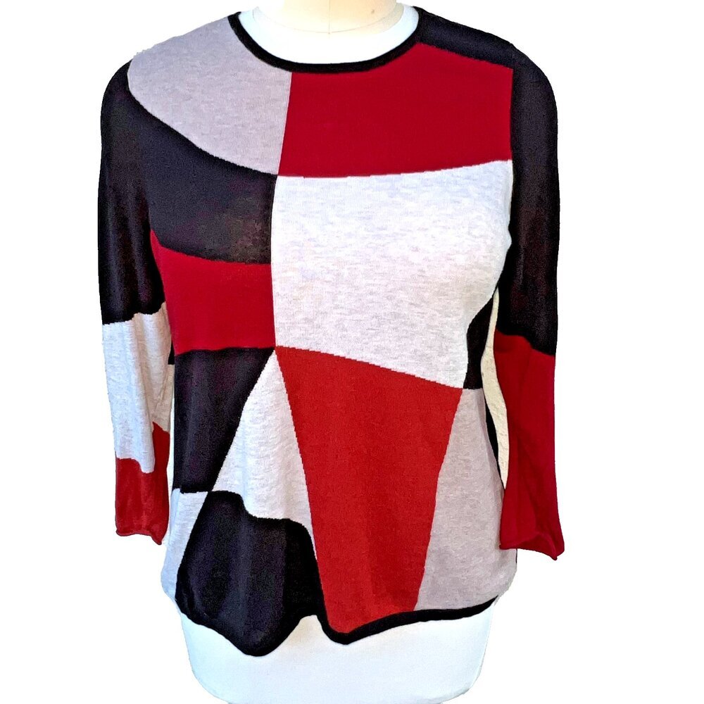 NIC+ZOE Sweater Womens 1X Black Red Gray Color Block Long Sleeve Boat Neck
